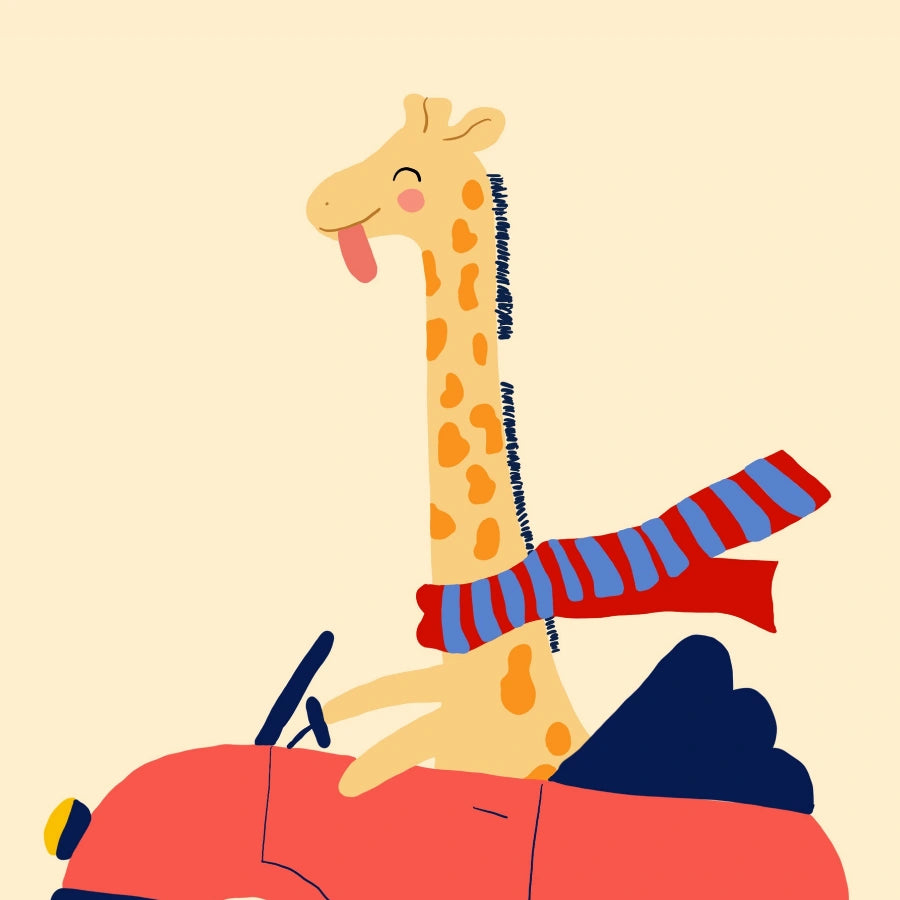 Driving Giraffe Nursery Wall Art – Playful Animal Print for Kids Room