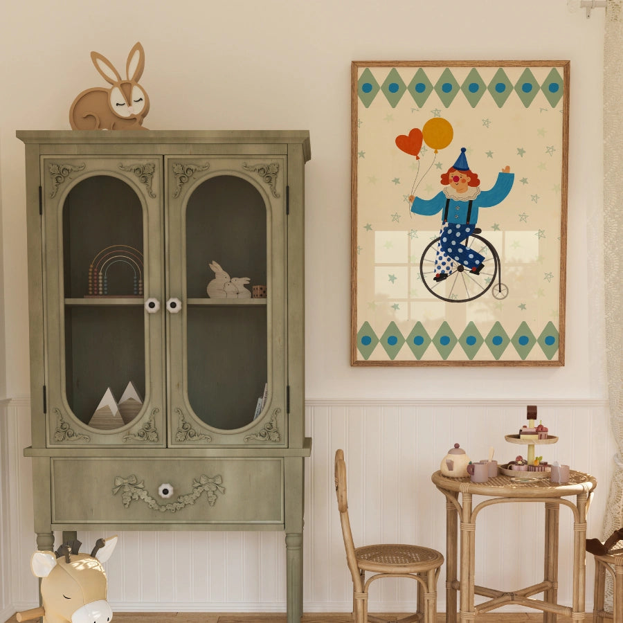 Circus Clown Nursery Print - Unicycle and Balloons Wall Art