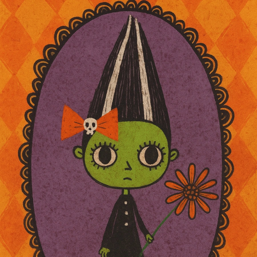 Retro Halloween Girl Print – Cute Frankenstein Wall Art