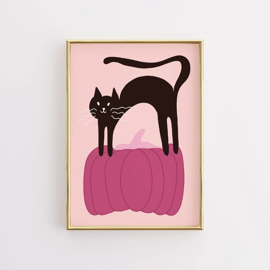 Pink Pumpkin Cat Print – Black Kitty Halloween Wall Art