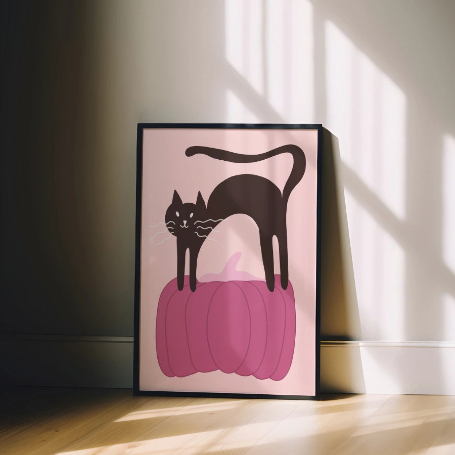 Pink Pumpkin Cat Print – Black Kitty Halloween Wall Art