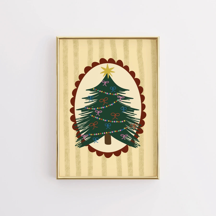 Folk Christmas Tree Wall Art – Cozy Oval Frame Poster
