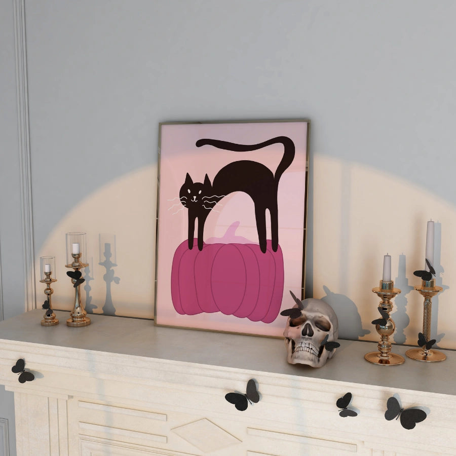 Pink Pumpkin Cat Print – Black Kitty Halloween Wall Art