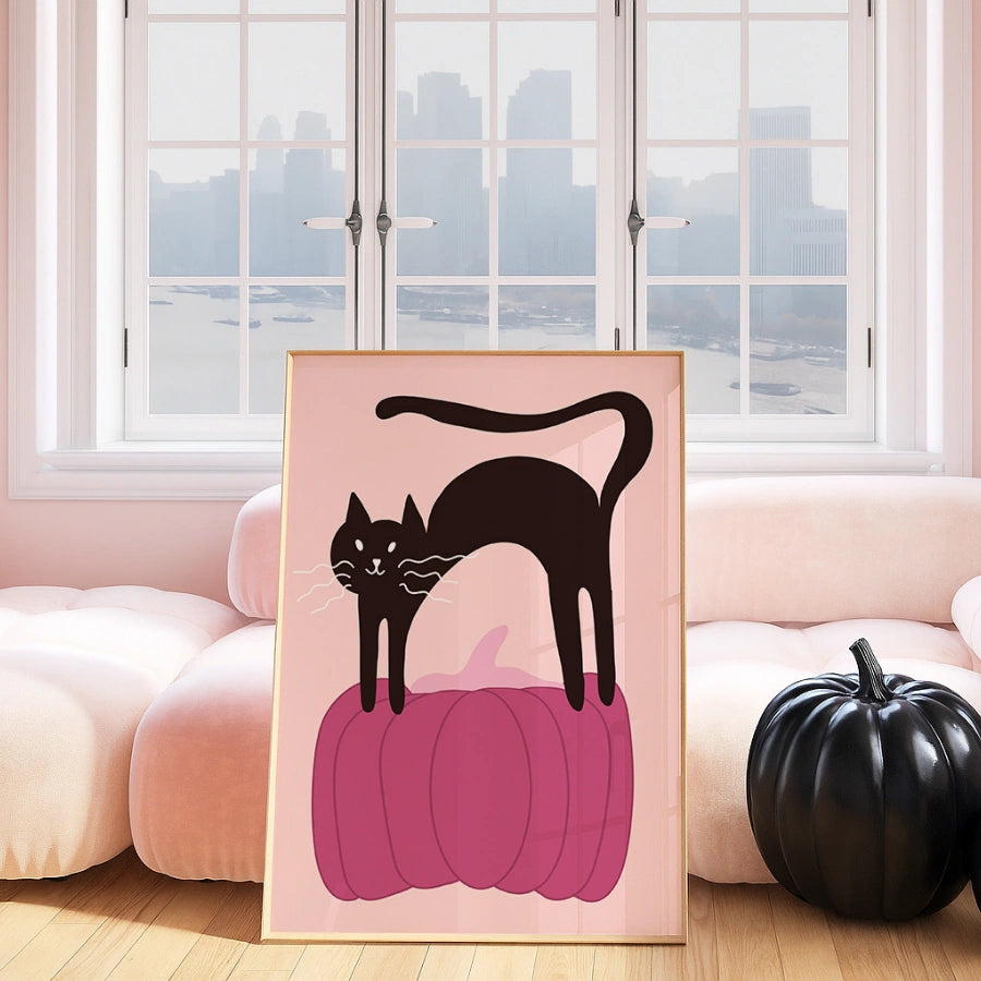 Pink Pumpkin Cat Print – Black Kitty Halloween Wall Art