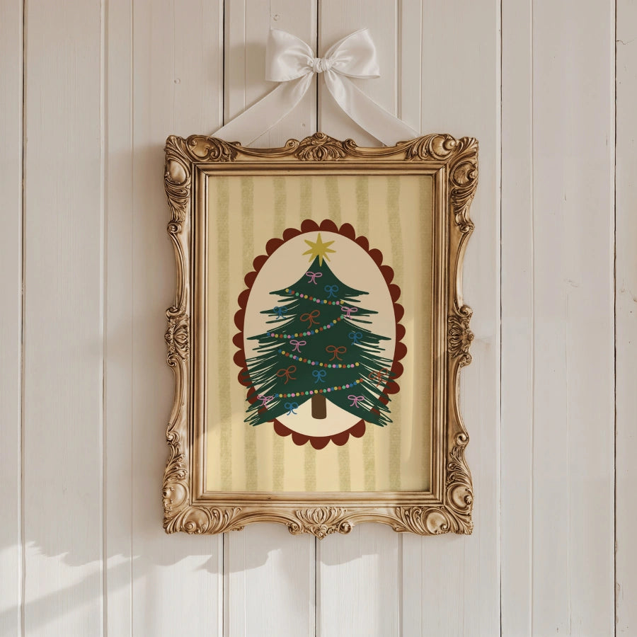 Folk Christmas Tree Wall Art – Cozy Oval Frame Poster