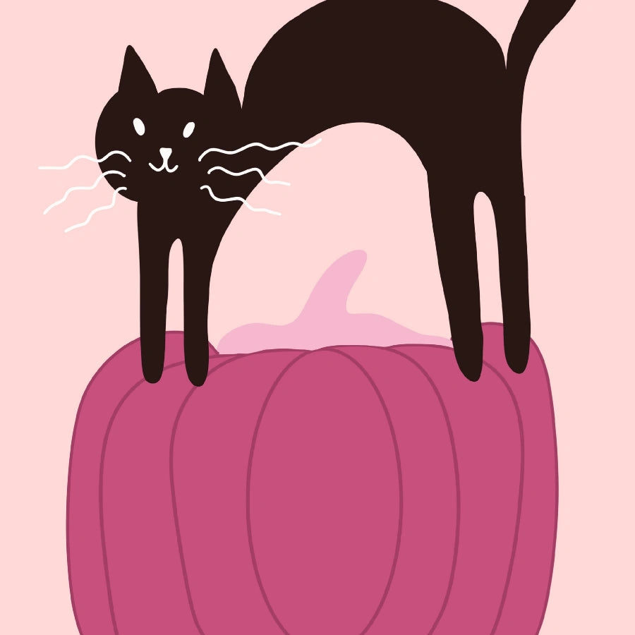 Pink Pumpkin Cat Print – Black Kitty Halloween Wall Art