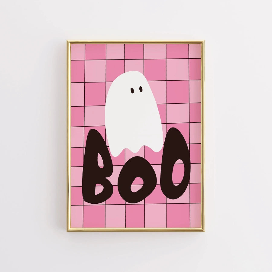 Boo Ghost Grid Print – Pink Halloween Wall Art