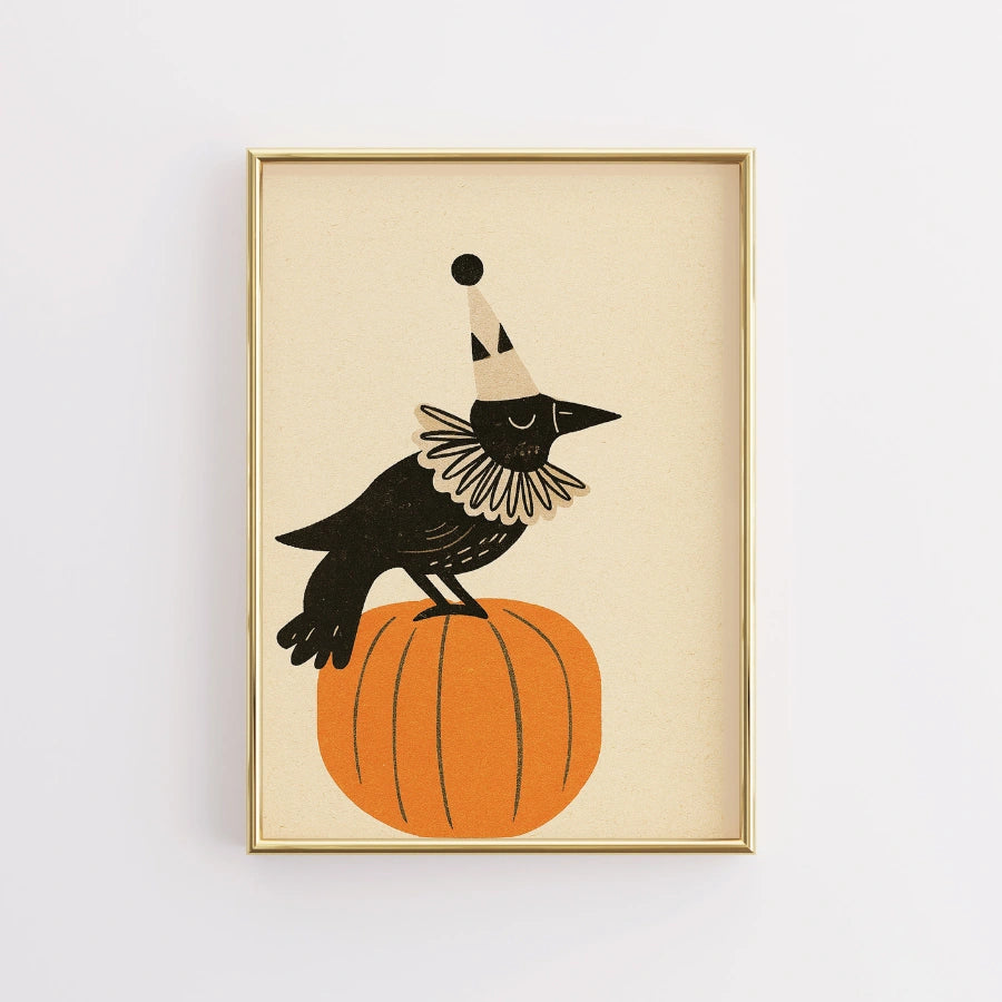 Clown Crow Halloween Print – Funny Raven on Pumpkin Wall Art