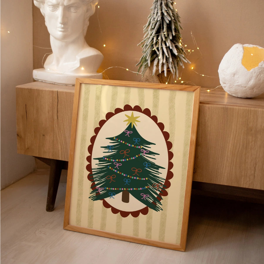 Folk Christmas Tree Wall Art – Cozy Oval Frame Poster
