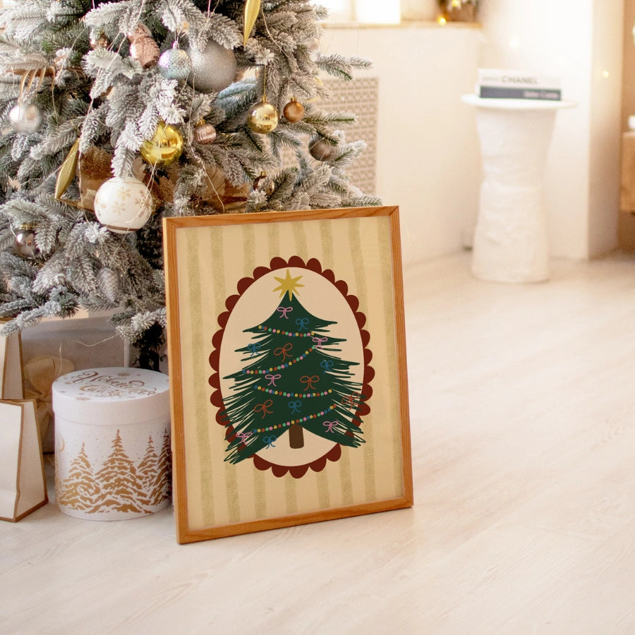 Folk Christmas Tree Wall Art – Cozy Oval Frame Poster