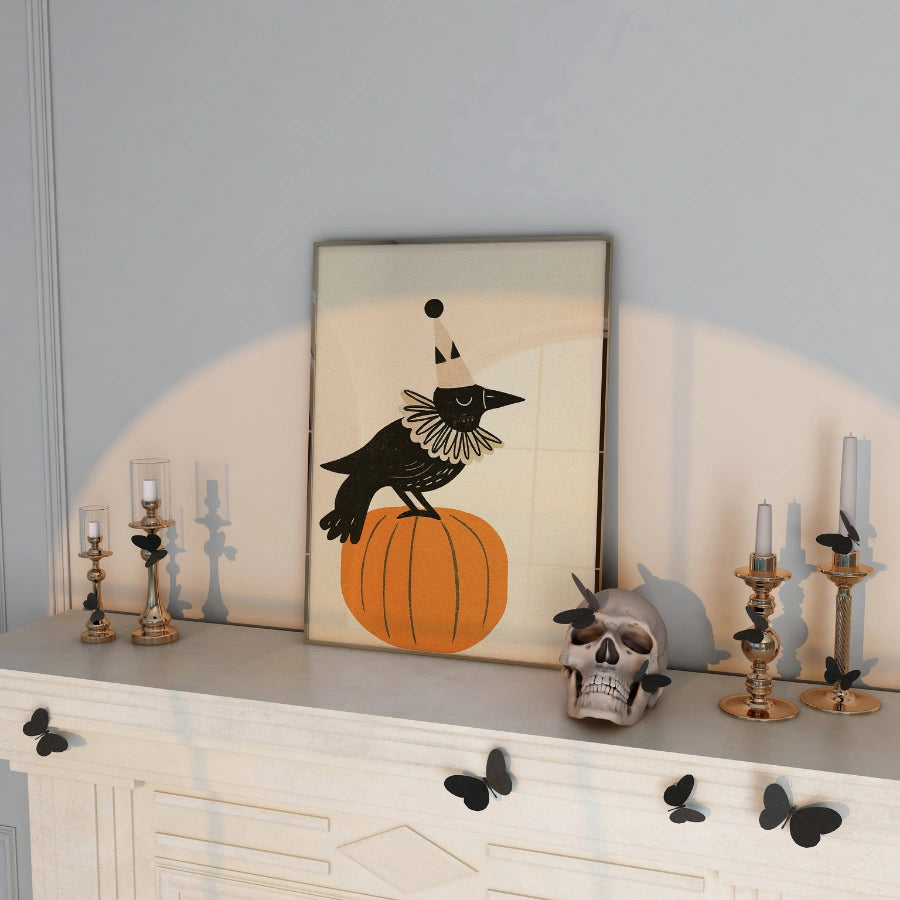 Clown Crow Halloween Print – Funny Raven on Pumpkin Wall Art