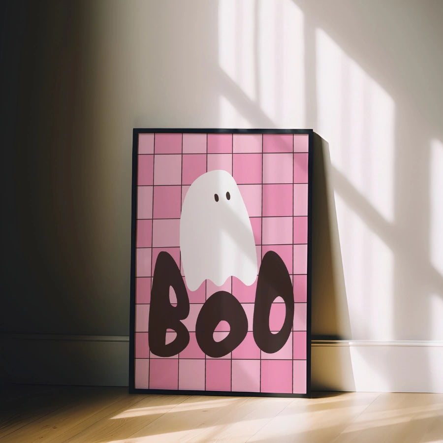 Boo Ghost Grid Print – Pink Halloween Wall Art