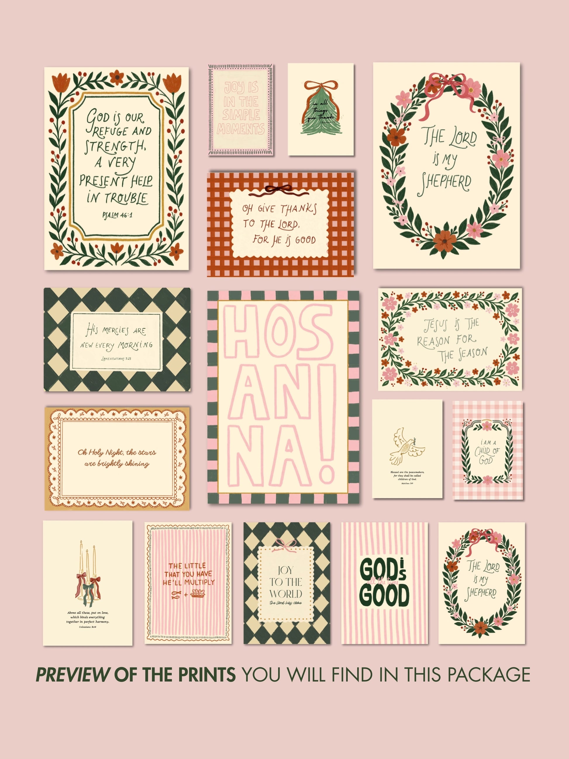 Hand-Drawn Vintage Christian Holiday Set of 16 Prints