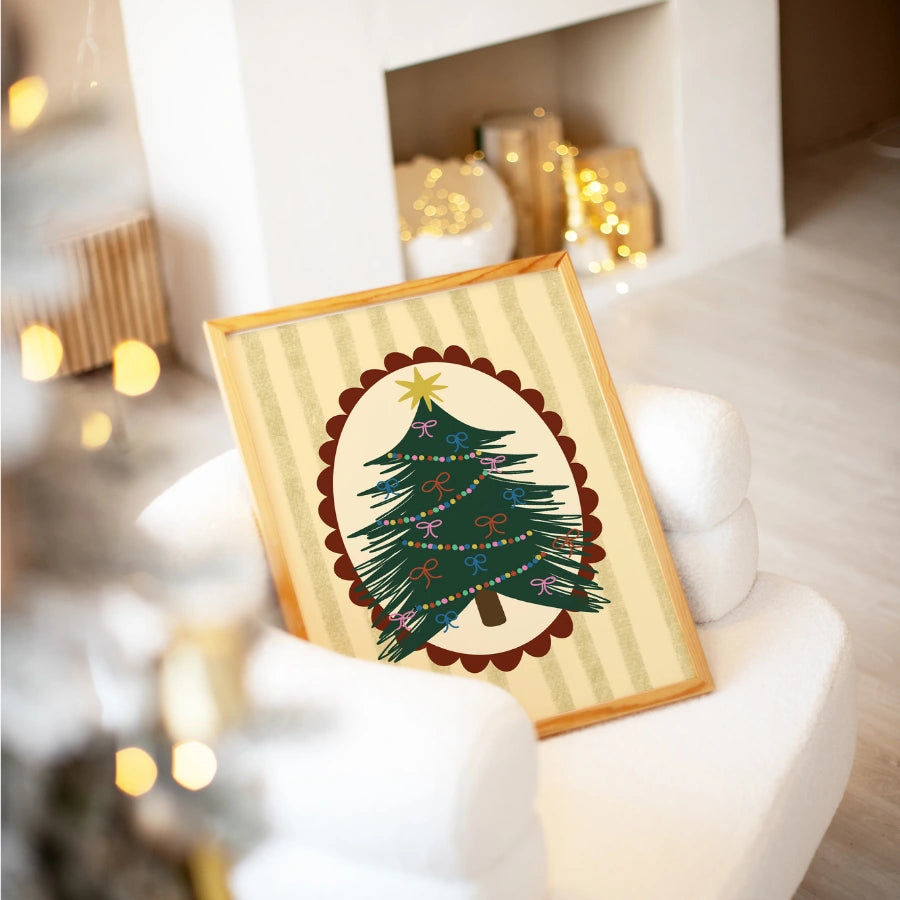 Folk Christmas Tree Wall Art – Cozy Oval Frame Poster