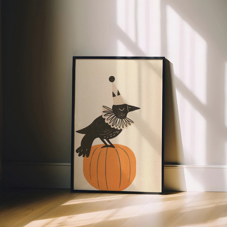 Clown Crow Halloween Print – Funny Raven on Pumpkin Wall Art