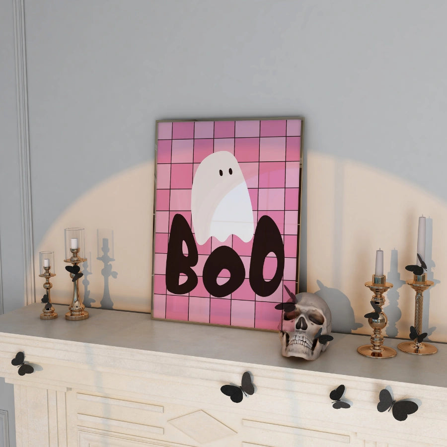 Boo Ghost Grid Print – Pink Halloween Wall Art