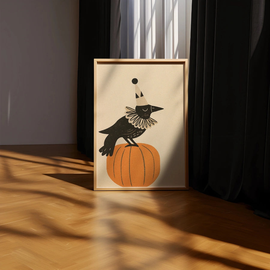 Clown Crow Halloween Print – Funny Raven on Pumpkin Wall Art
