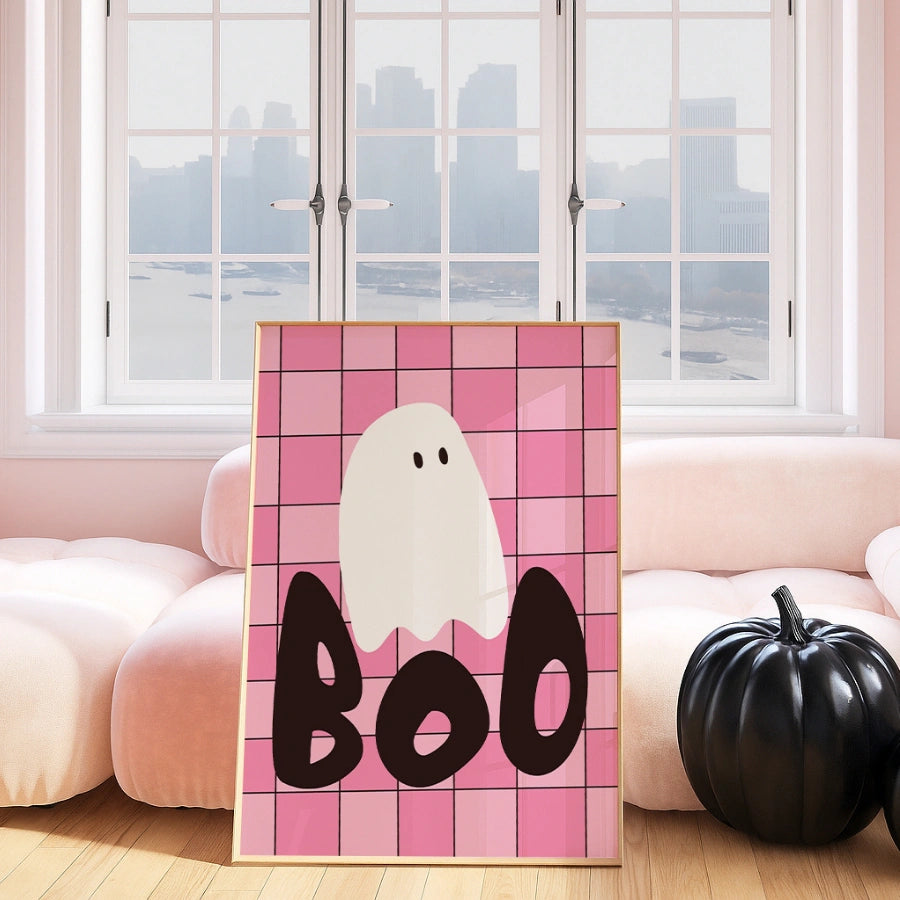 Boo Ghost Grid Print – Pink Halloween Wall Art