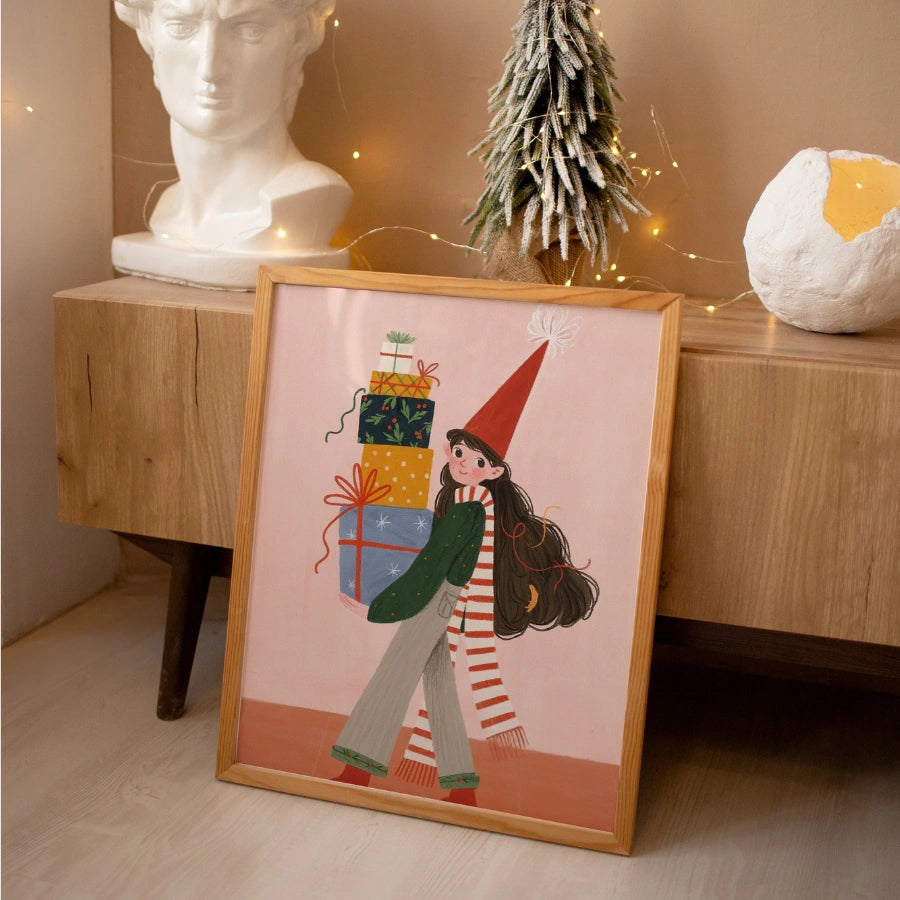 Christmas Gifts Wall Art – Cute Girl Carrying Presents