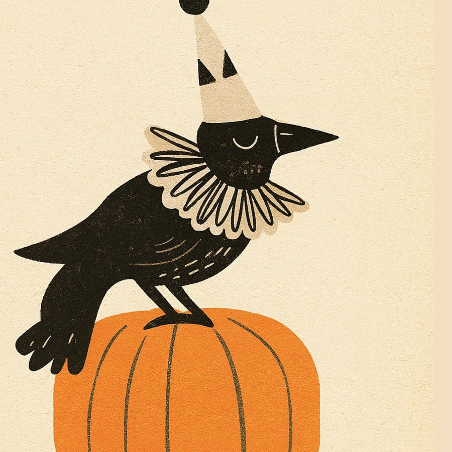 Clown Crow Halloween Print – Funny Raven on Pumpkin Wall Art