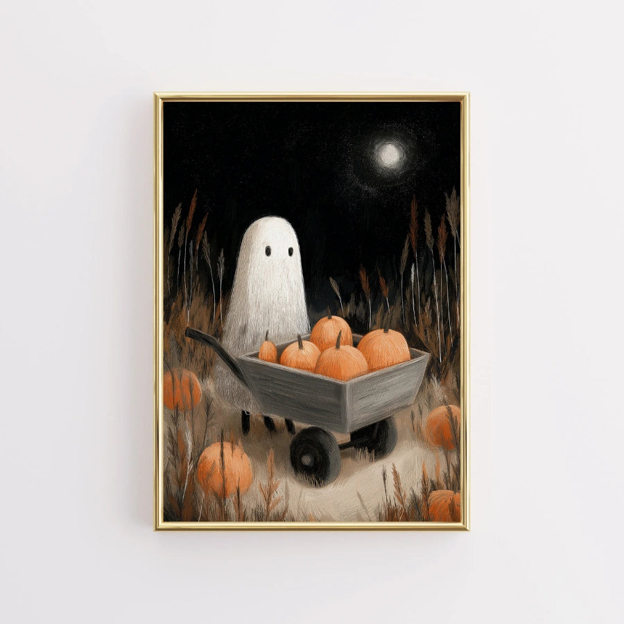 Pumpkin Ghost Halloween Print – Spooky Fall Night Wall Art