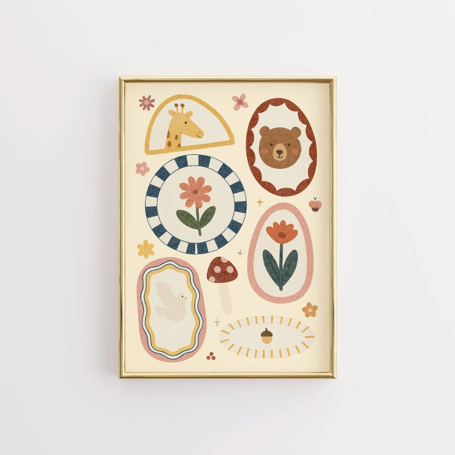 Animal and Floral Nursery Print - Whimsical Bear and Giraffe Wall Art