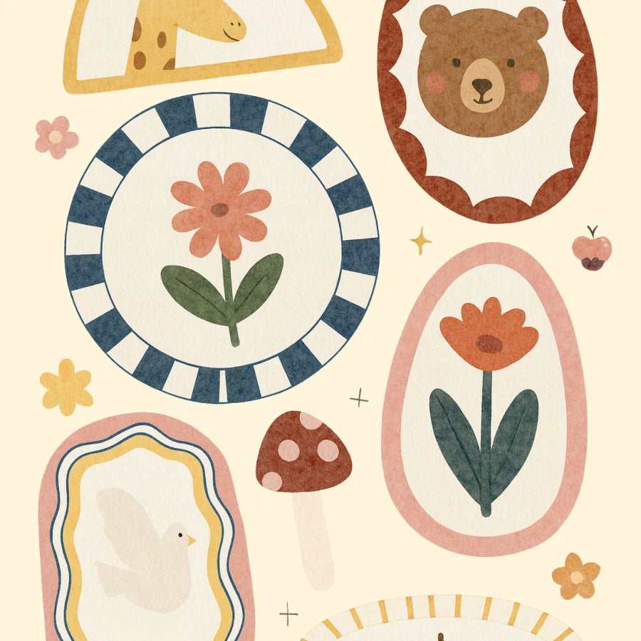 Animal and Floral Nursery Print - Whimsical Bear and Giraffe Wall Art