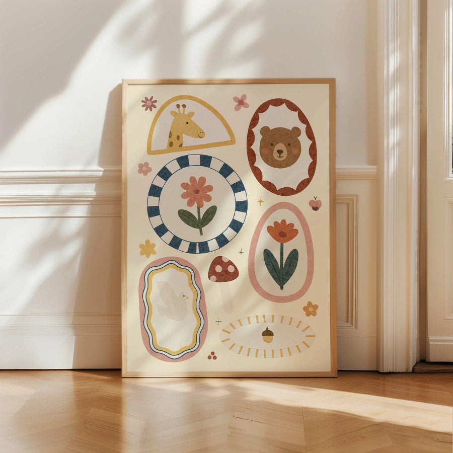 Animal and Floral Nursery Print - Whimsical Bear and Giraffe Wall Art