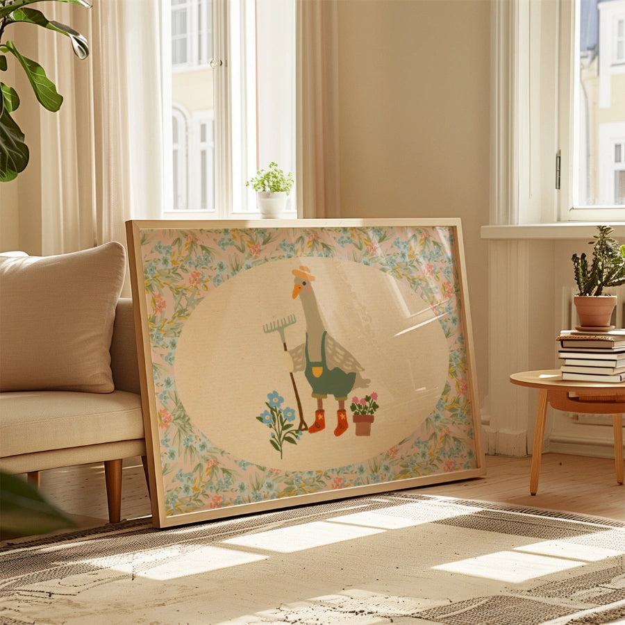 Gardening Goose Vintage Nursery Print – Retro Animal Wall Art