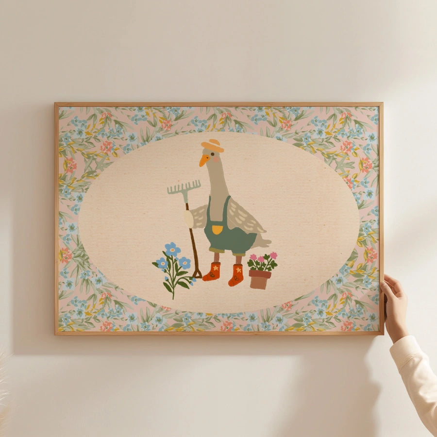 Gardening Goose Vintage Nursery Print – Retro Animal Wall Art
