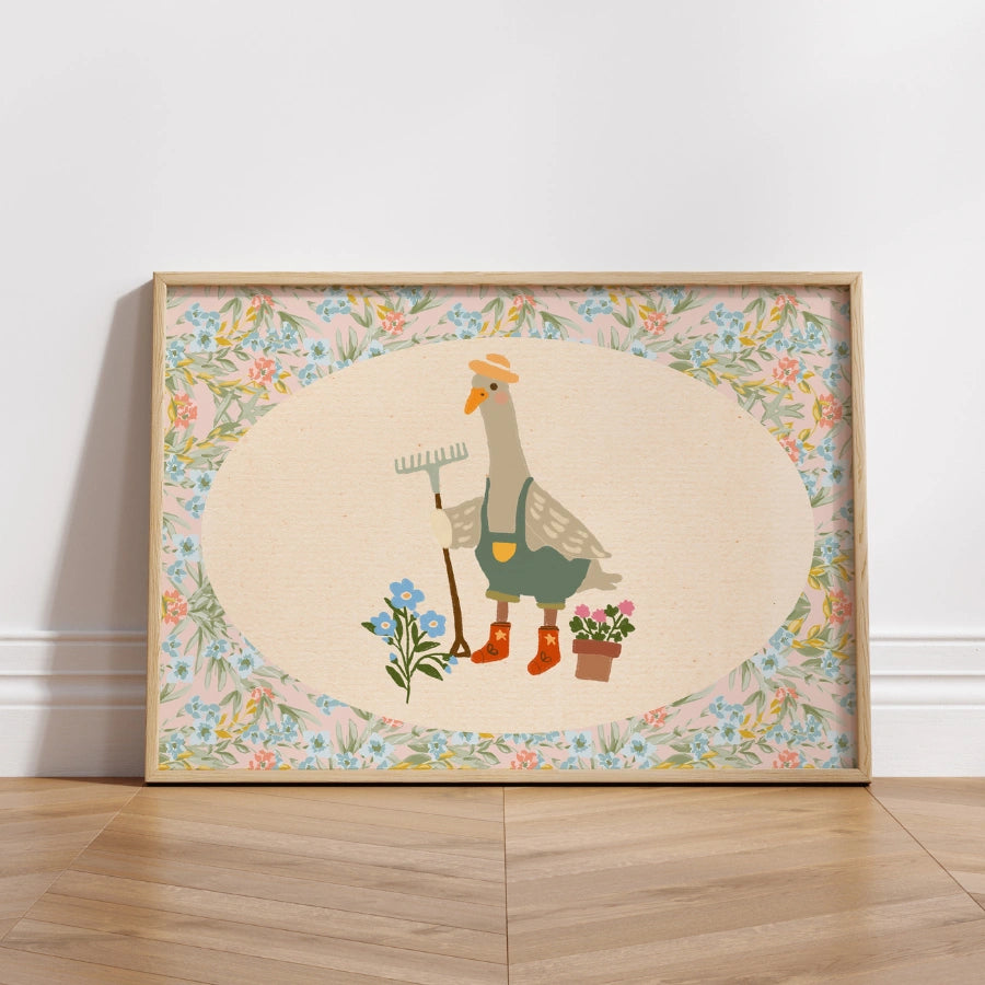 Gardening Goose Vintage Nursery Print – Retro Animal Wall Art