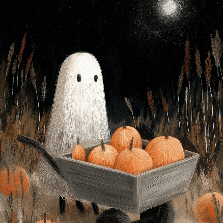 Pumpkin Ghost Halloween Print – Spooky Fall Night Wall Art