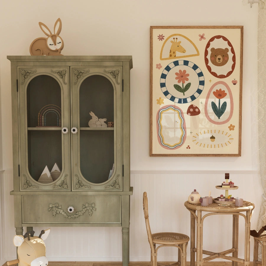 Animal and Floral Nursery Print - Whimsical Bear and Giraffe Wall Art