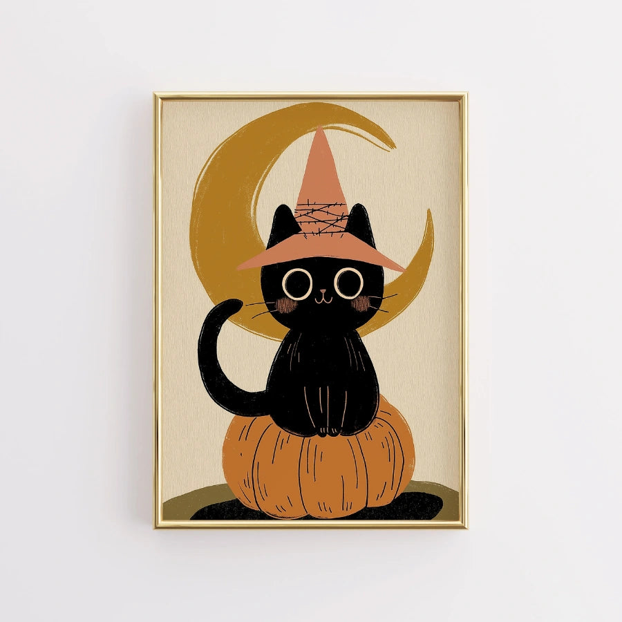 Witch Cat Halloween Print – Cute Black Cat on Pumpkin Wall Art