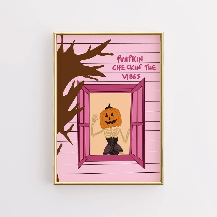 Pumpkin Girl Window Print – Pink Halloween Wall Art