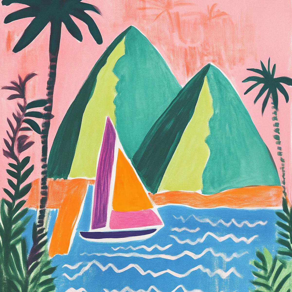 Tropical Sailing Wall Art – Colorful Mountain Print