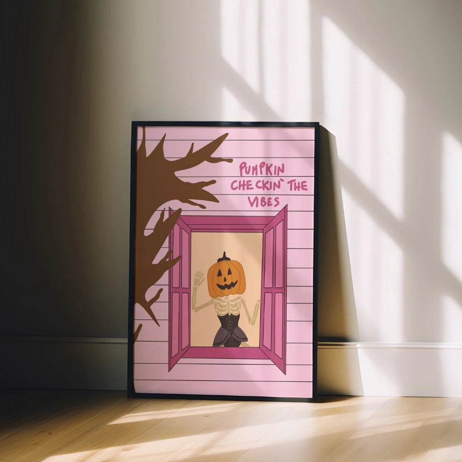 Pumpkin Girl Window Print – Pink Halloween Wall Art