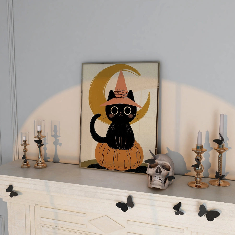 Witch Cat Halloween Print – Cute Black Cat on Pumpkin Wall Art