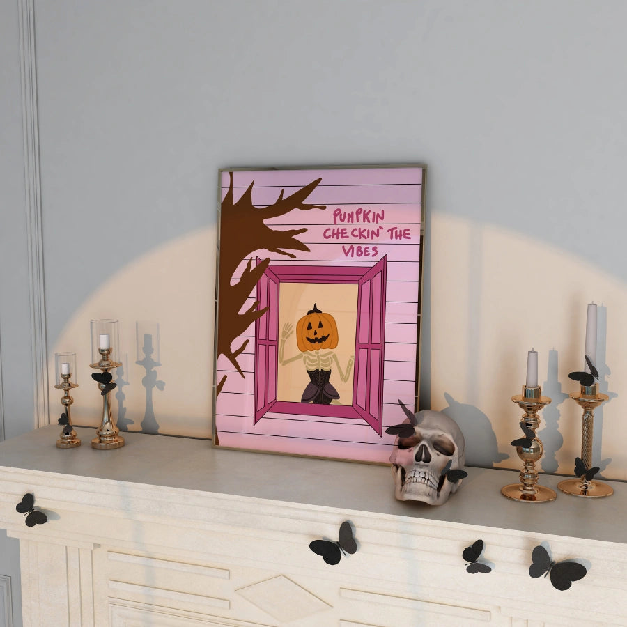 Pumpkin Girl Window Print – Pink Halloween Wall Art