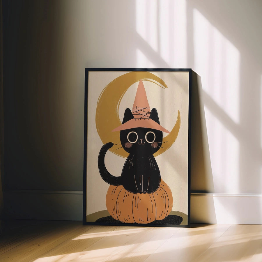 Witch Cat Halloween Print – Cute Black Cat on Pumpkin Wall Art
