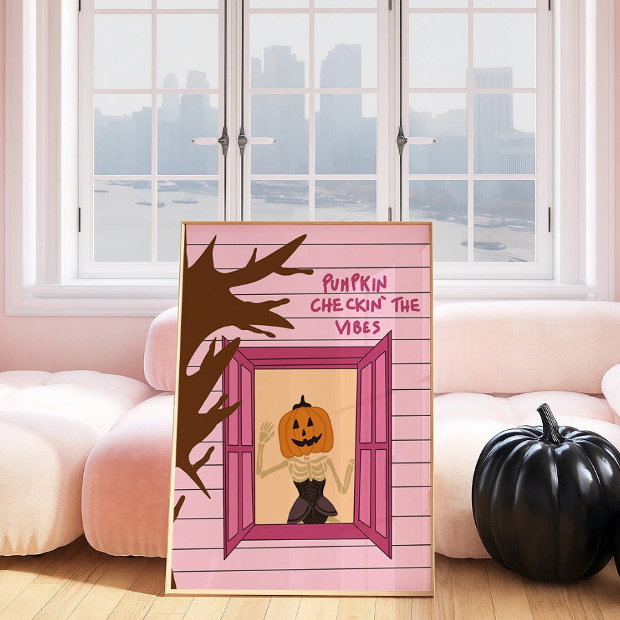 Pumpkin Girl Window Print – Pink Halloween Wall Art