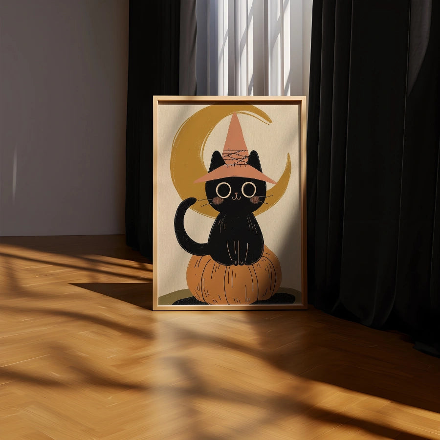 Witch Cat Halloween Print – Cute Black Cat on Pumpkin Wall Art
