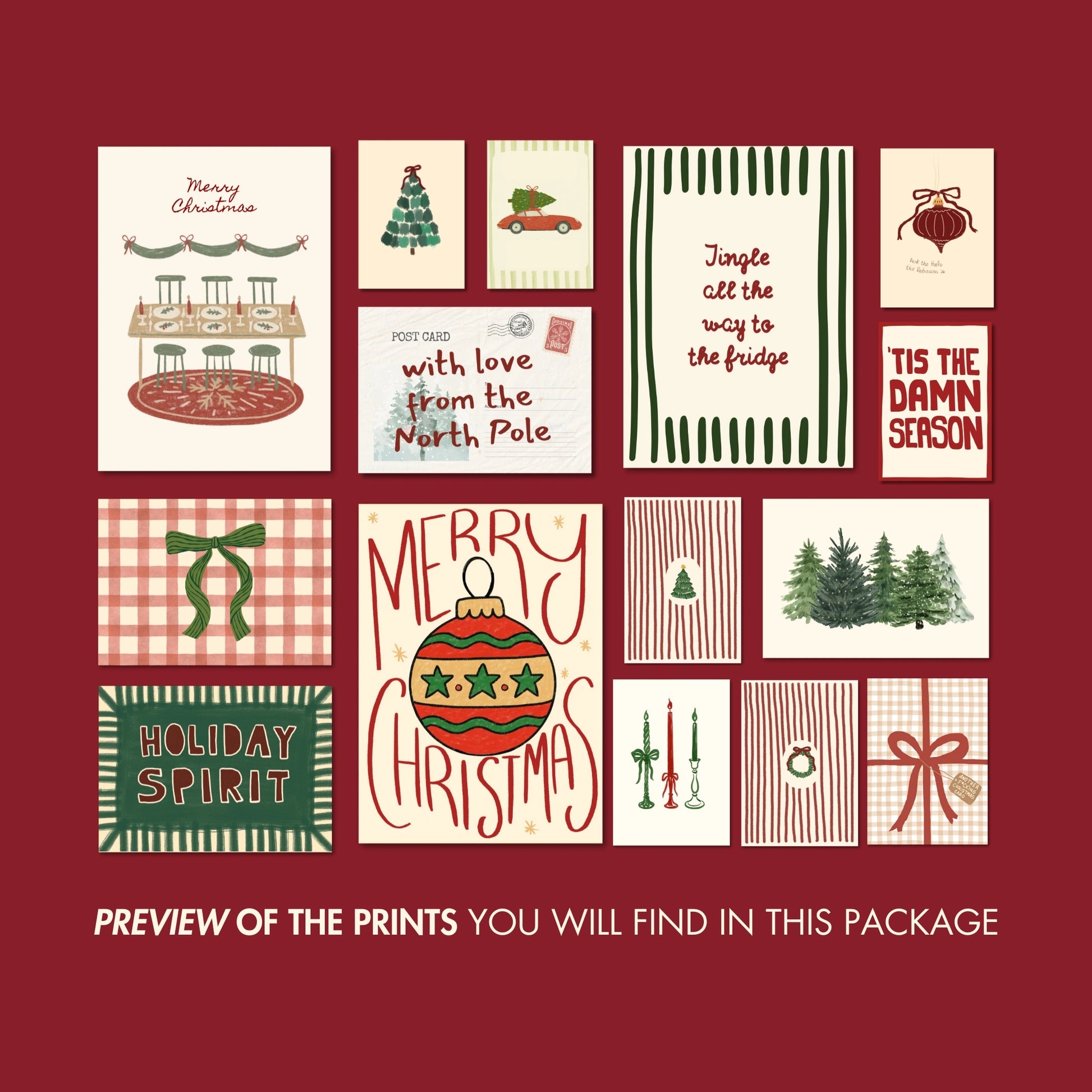 Hand-Drawn Holiday Set of 16 Prints
