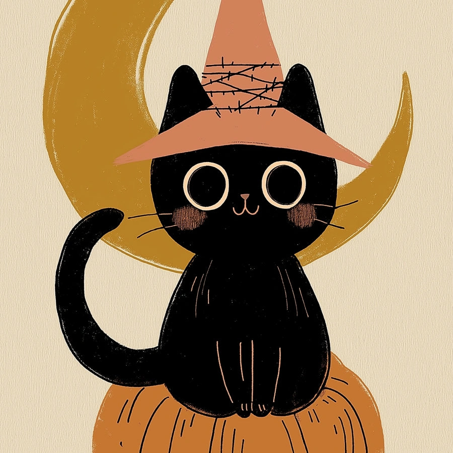 Witch Cat Halloween Print – Cute Black Cat on Pumpkin Wall Art