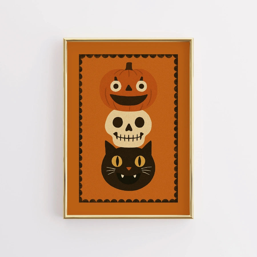 Stacked Halloween Trio Print – Pumpkin, Skull and Black Cat Wall Art