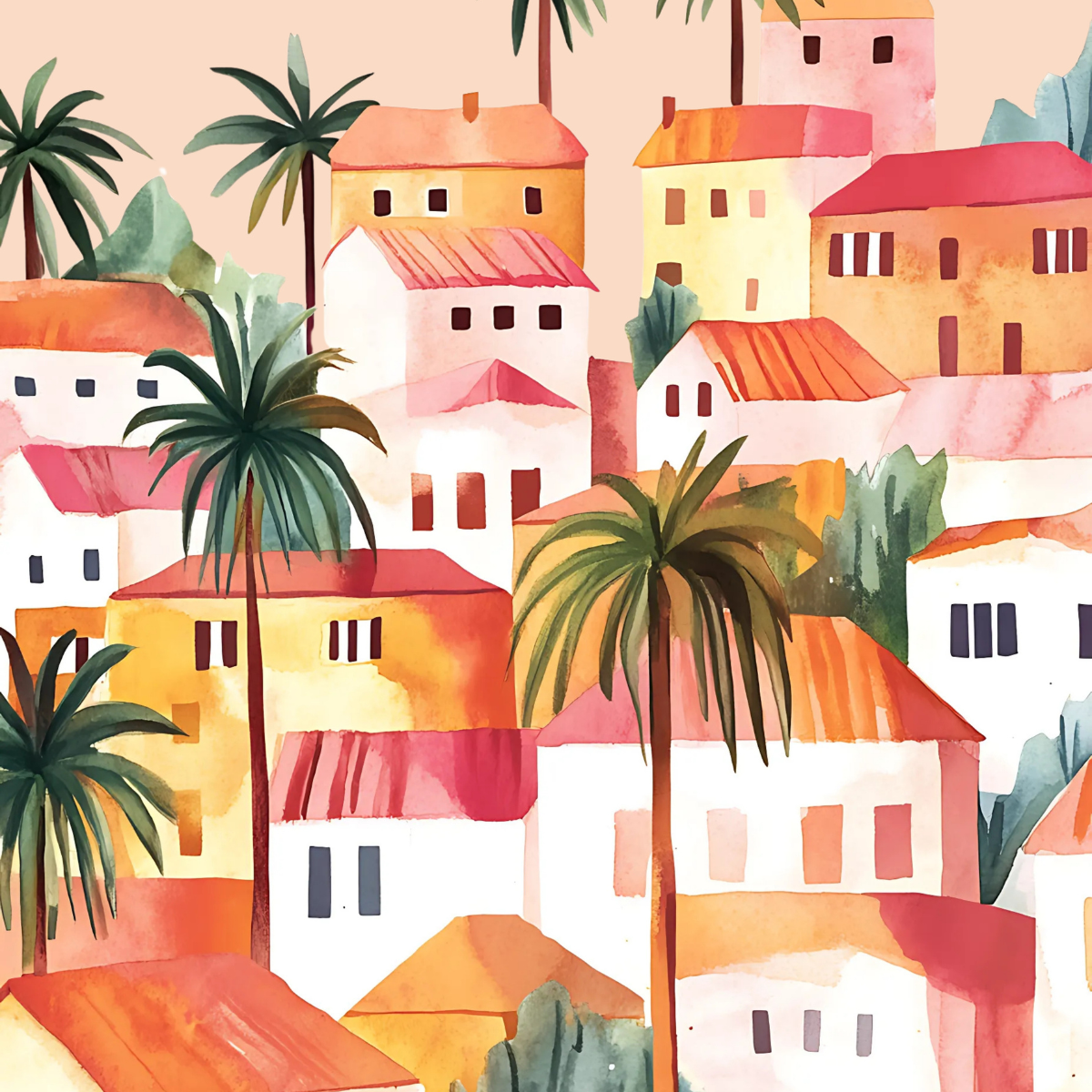 Tropical Village Wall Art – Colorful House Print