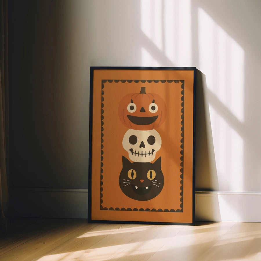 Stacked Halloween Trio Print – Pumpkin, Skull and Black Cat Wall Art