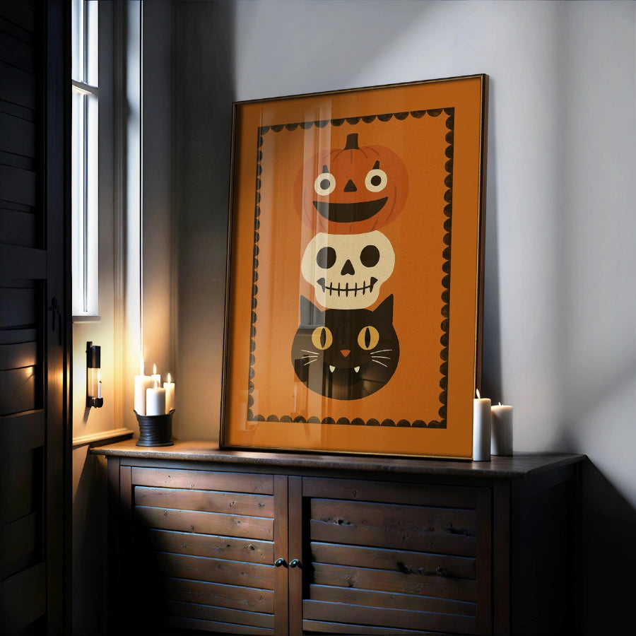 Stacked Halloween Trio Print – Pumpkin, Skull and Black Cat Wall Art