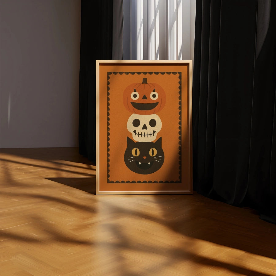 Stacked Halloween Trio Print – Pumpkin, Skull and Black Cat Wall Art