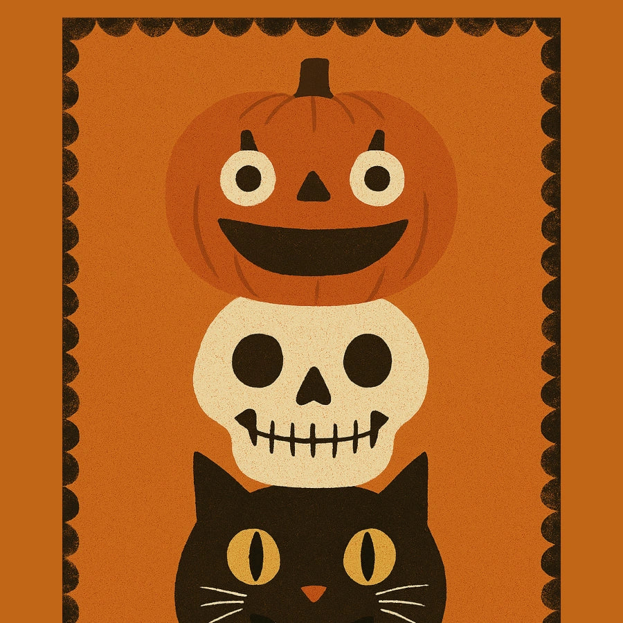 Stacked Halloween Trio Print – Pumpkin, Skull and Black Cat Wall Art